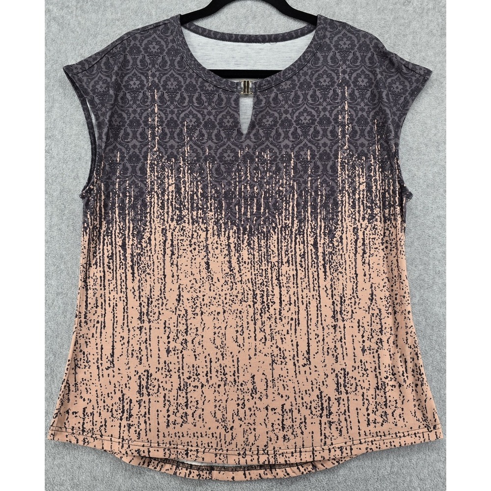 Kistore Women's Sleeveless Blouse Sz L Peach Gray Keyhole Neck Career Office